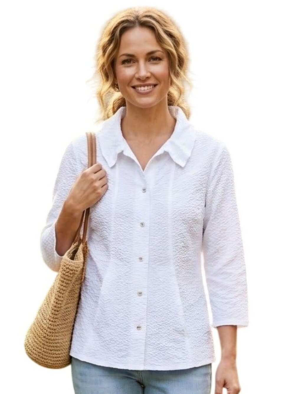 Habitat White Textured Button Front Pocket Ruffled Collar Top Size S Lagonlook C